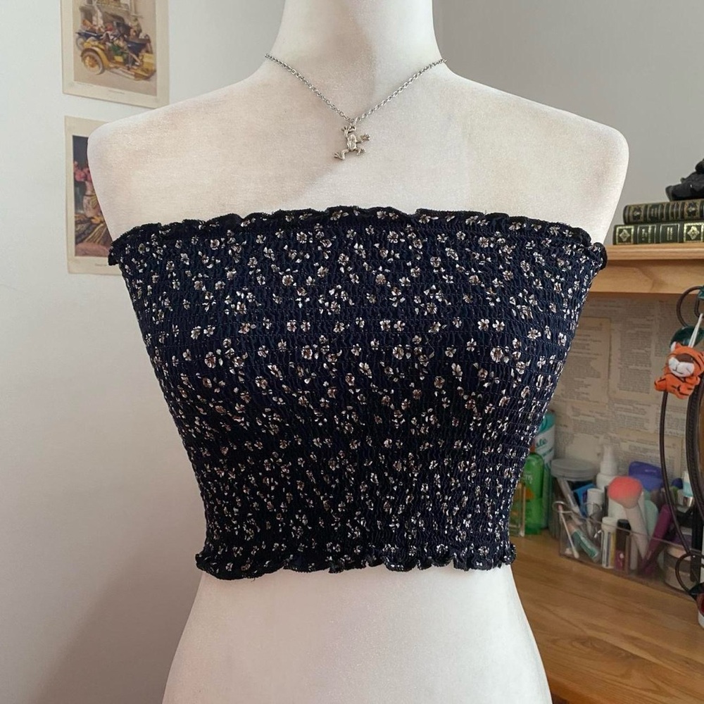 Navy Blue Floral Print Bandeau Stretch Tube Crop Top